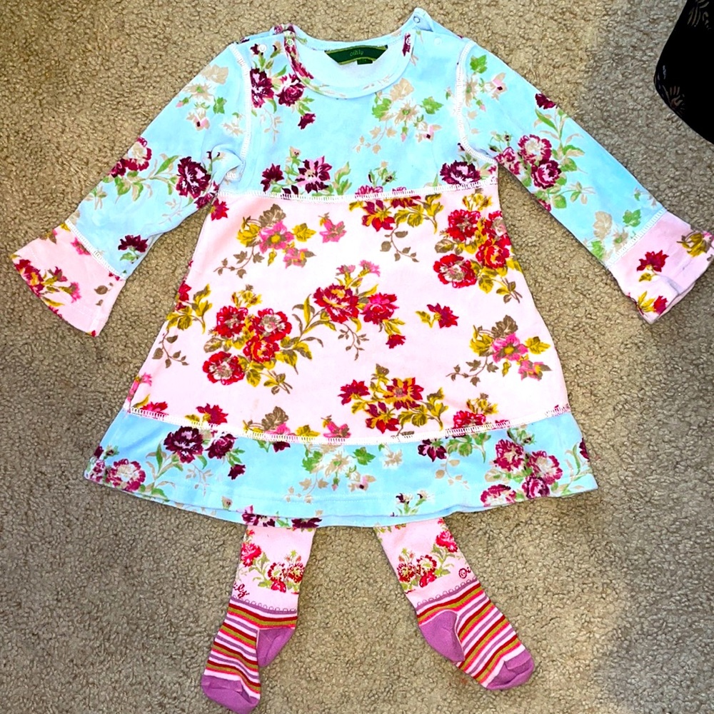 OILILY BLUE AND FLORAL DRESS AND MATCHING TIGHTS